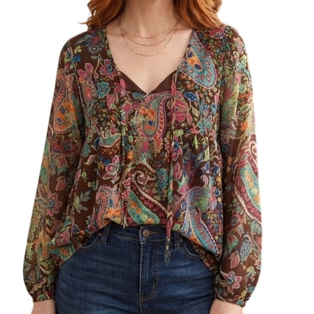 NorthStyle Paisley Peasant Top Womens Size 14 Brown Multicolor Tie Neck Boho